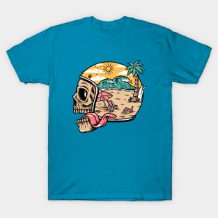 skull wearing helmet and beach scene T-Shirt